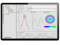 Tablet screen displaying analytics dashboard with line charts and colorful circular heat map