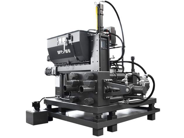 Large industrial laboratory machine with black metal frame, mounted modules, and multiple connected cables.