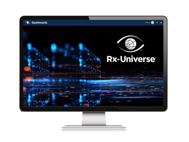 Computer monitor displaying the Re-Universe logo with digital network graphics in the background.