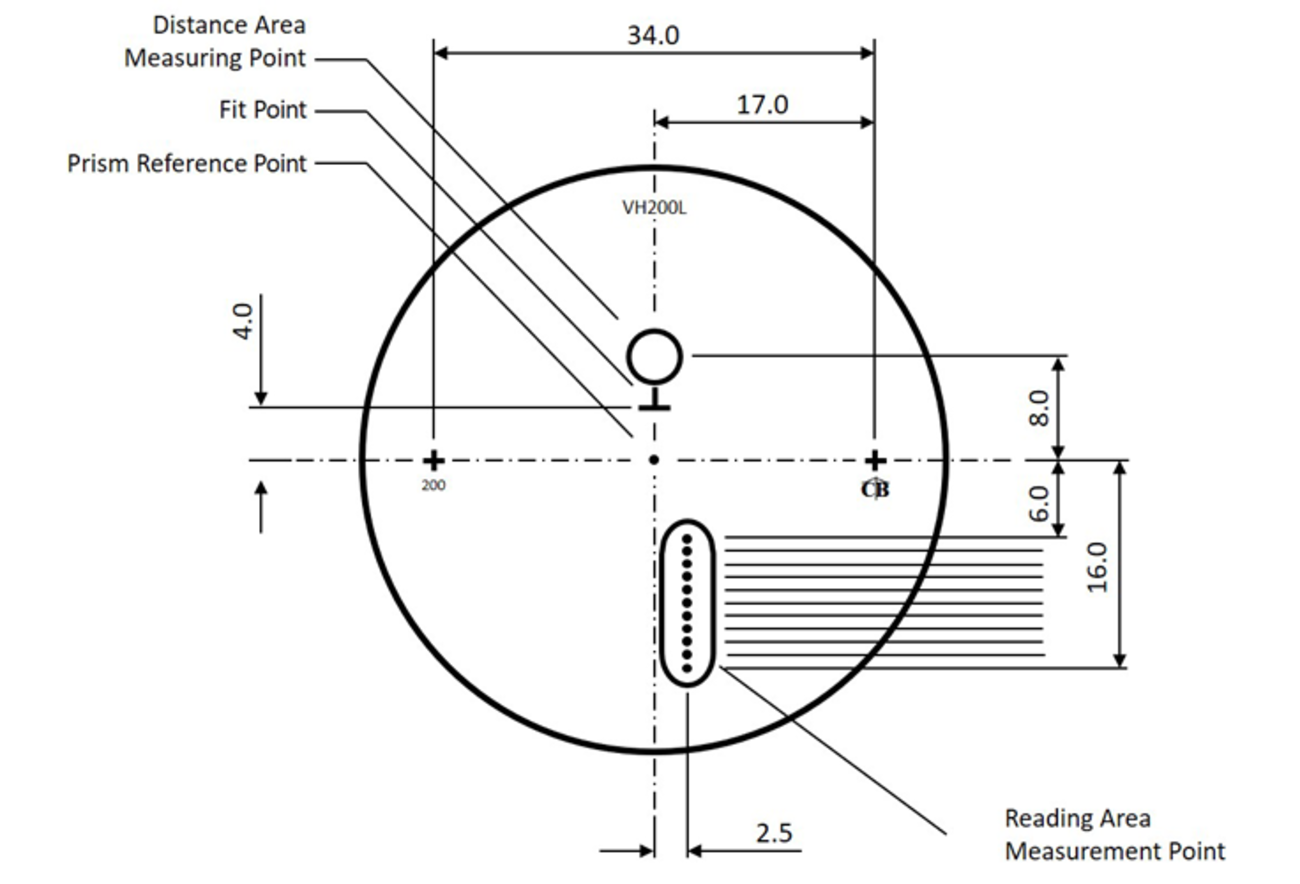 Technical drawing of a circular component with labeled dimensions, lines, and annotations.
