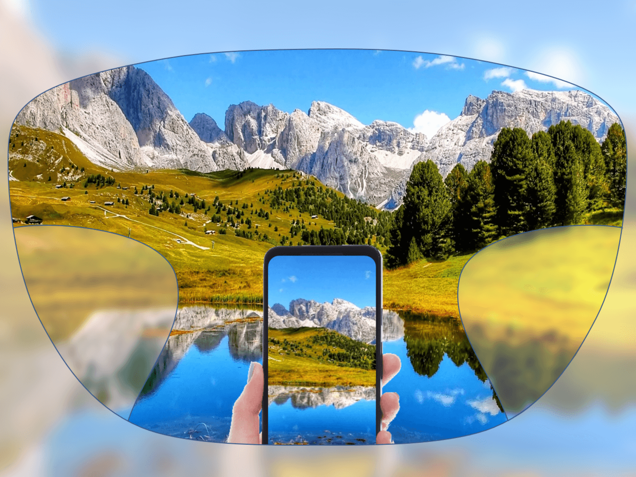 View through a pair of glasses showing a clear landscape with mountains, trees, and a lake, with a smartphone held in the center capturing the same scene.