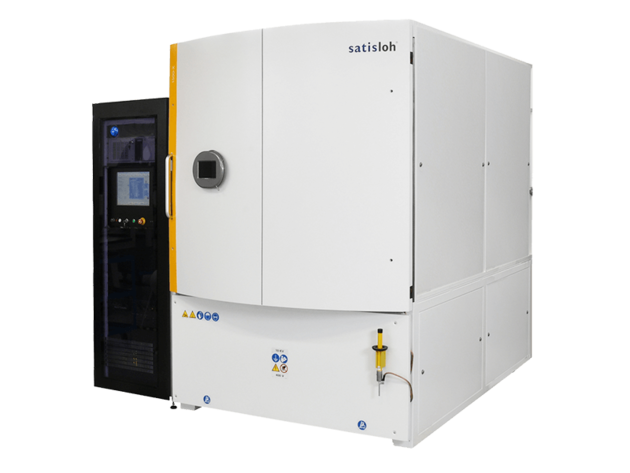 Large industrial equipment cabinet with display panel and closed white doors