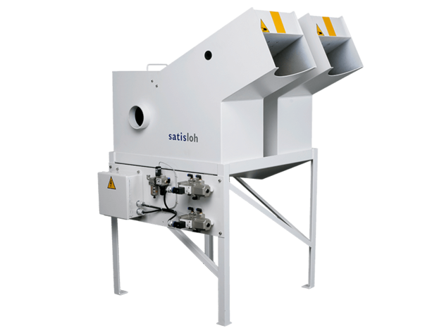 Industrial laboratory machine with dual input funnels, mounted on a tall metal frame with control box.