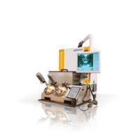 Industrial inspection machine with large monitor and mechanical grippers for precise manufacturing and quality control tasks