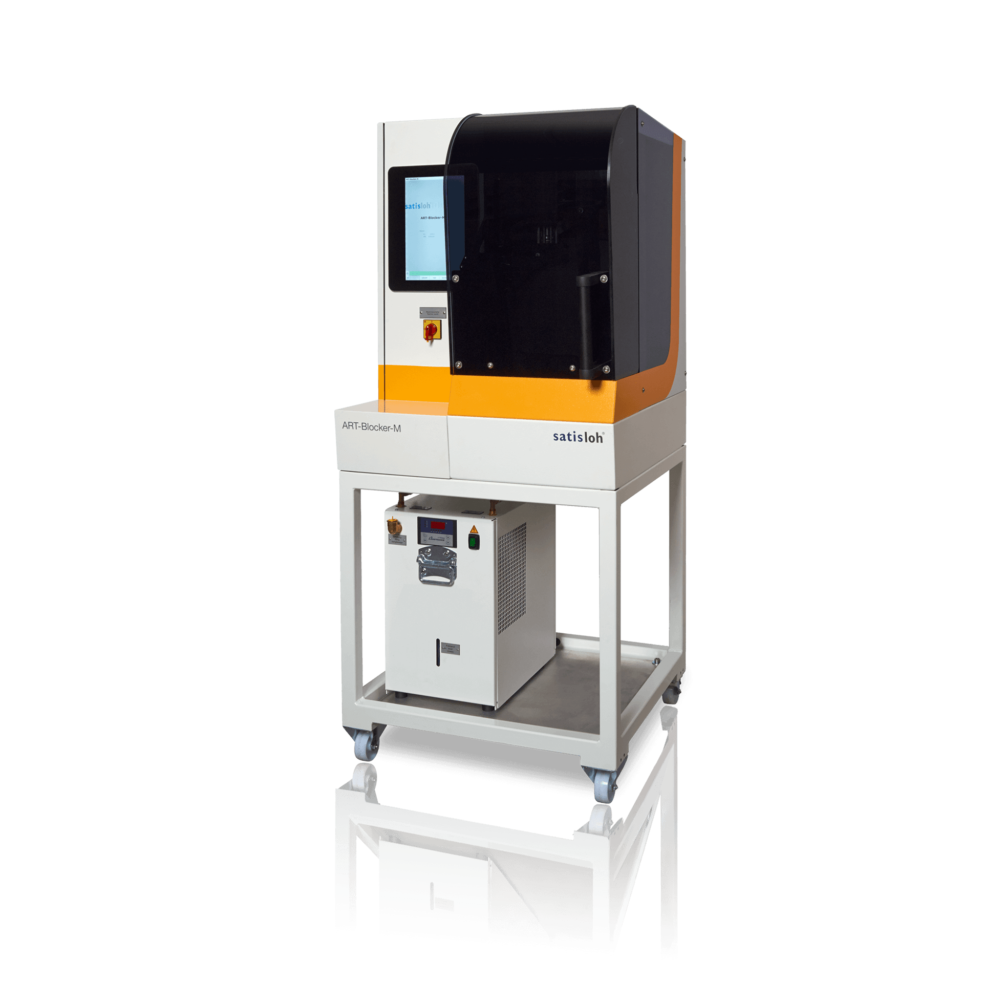 Compact automated industrial machine with control monitor, used for precise manufacturing processes.