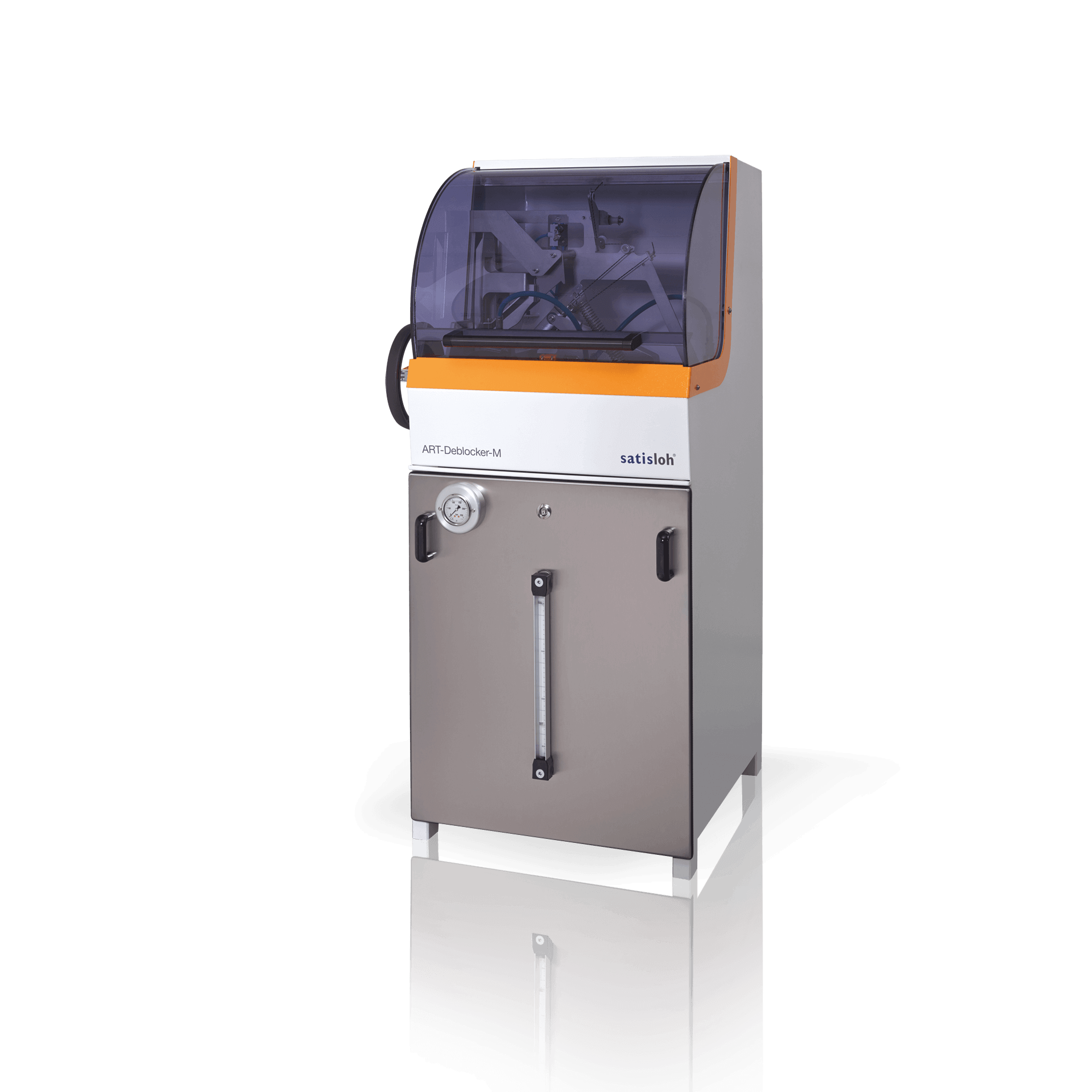 Compact automated industrial machine with transparent housing for precise manufacturing processes.