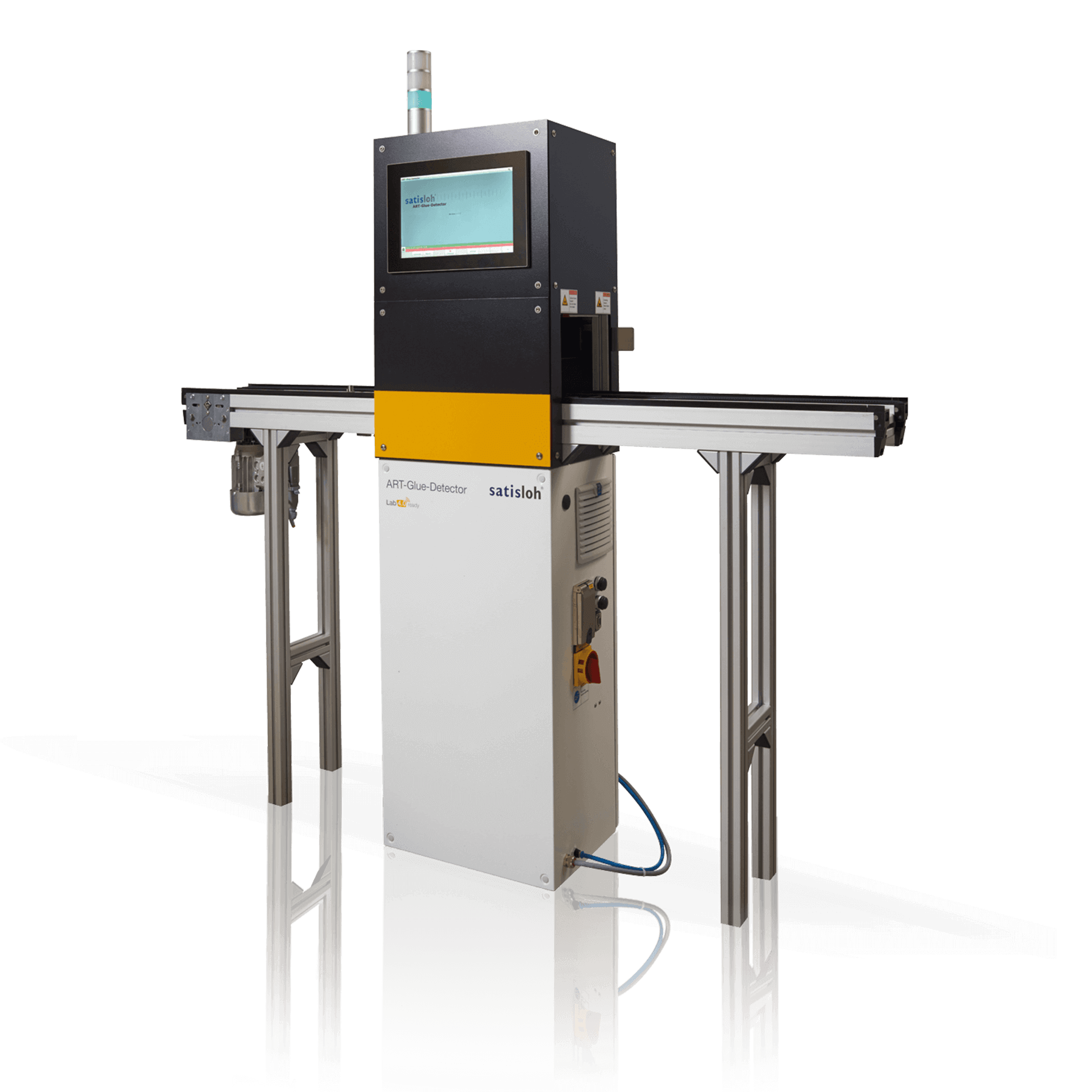 Automated inspection or manufacturing machine with central monitor and side conveyor belts.