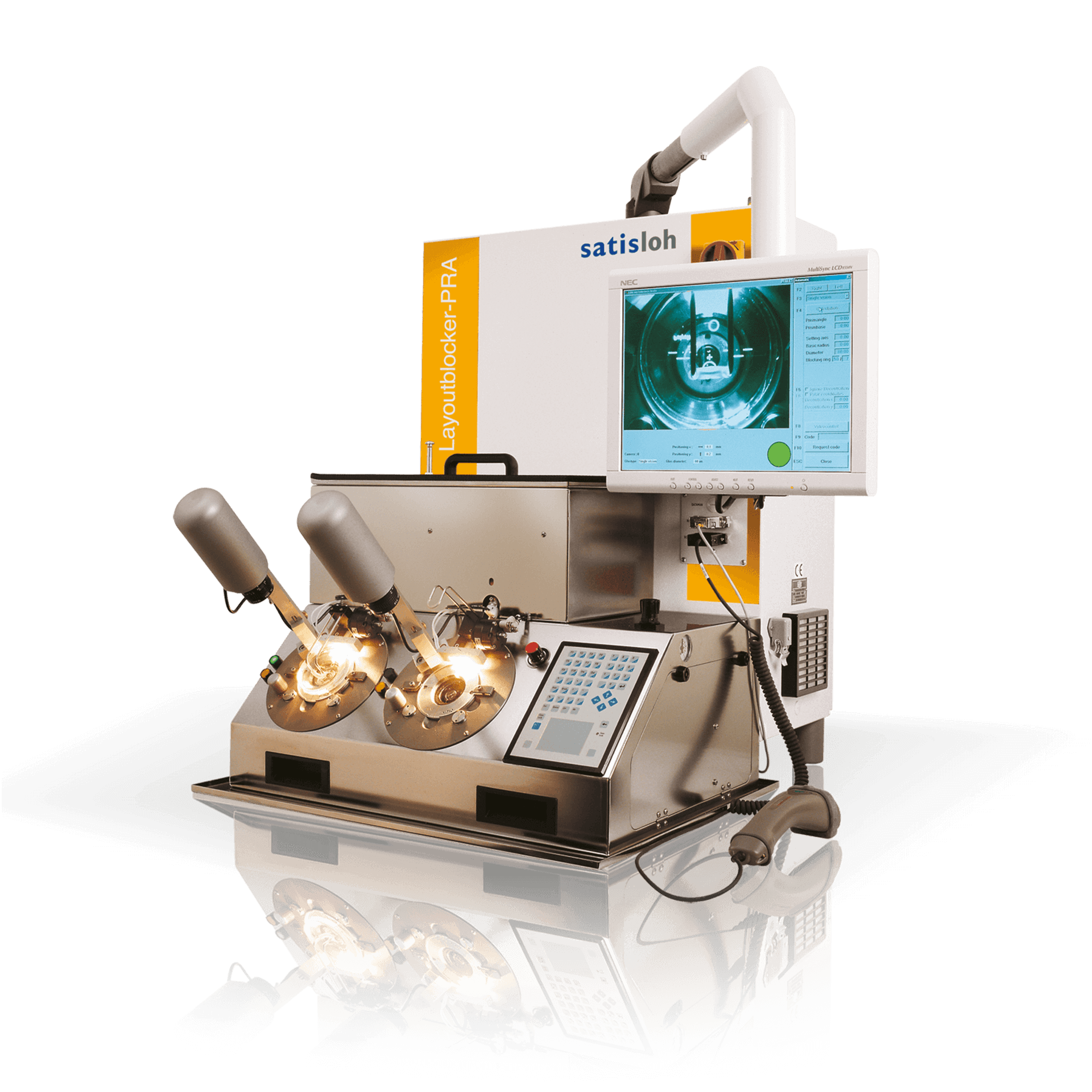 Industrial inspection machine with large monitor and mechanical grippers for precise manufacturing tasks