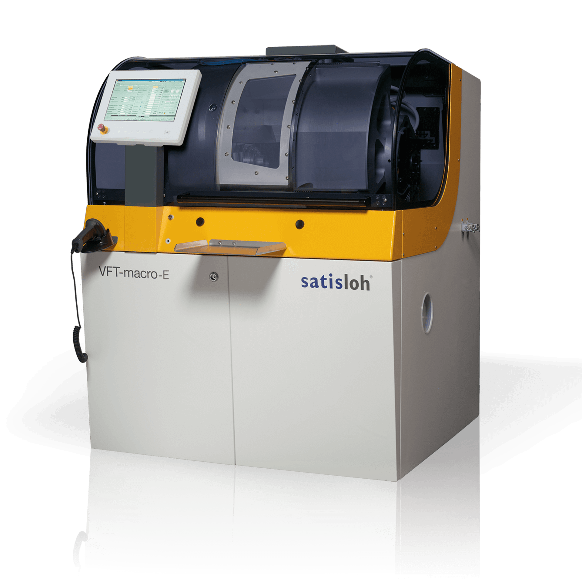 Automated industrial machine with large control monitor and enclosed housing for precise manufacturing processes