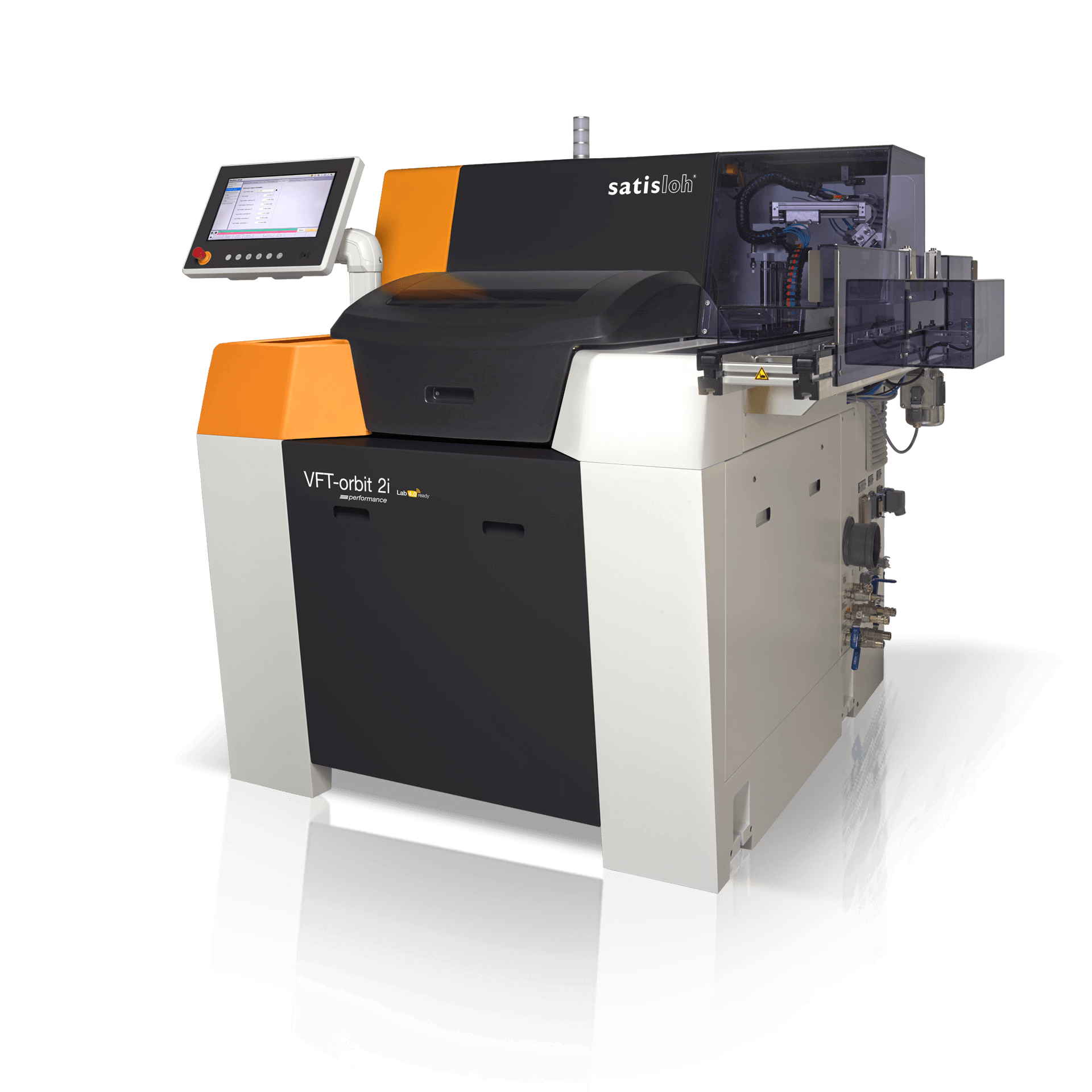 Automated industrial machine with side touchscreen monitor and open working area for precise manufacturing processes.