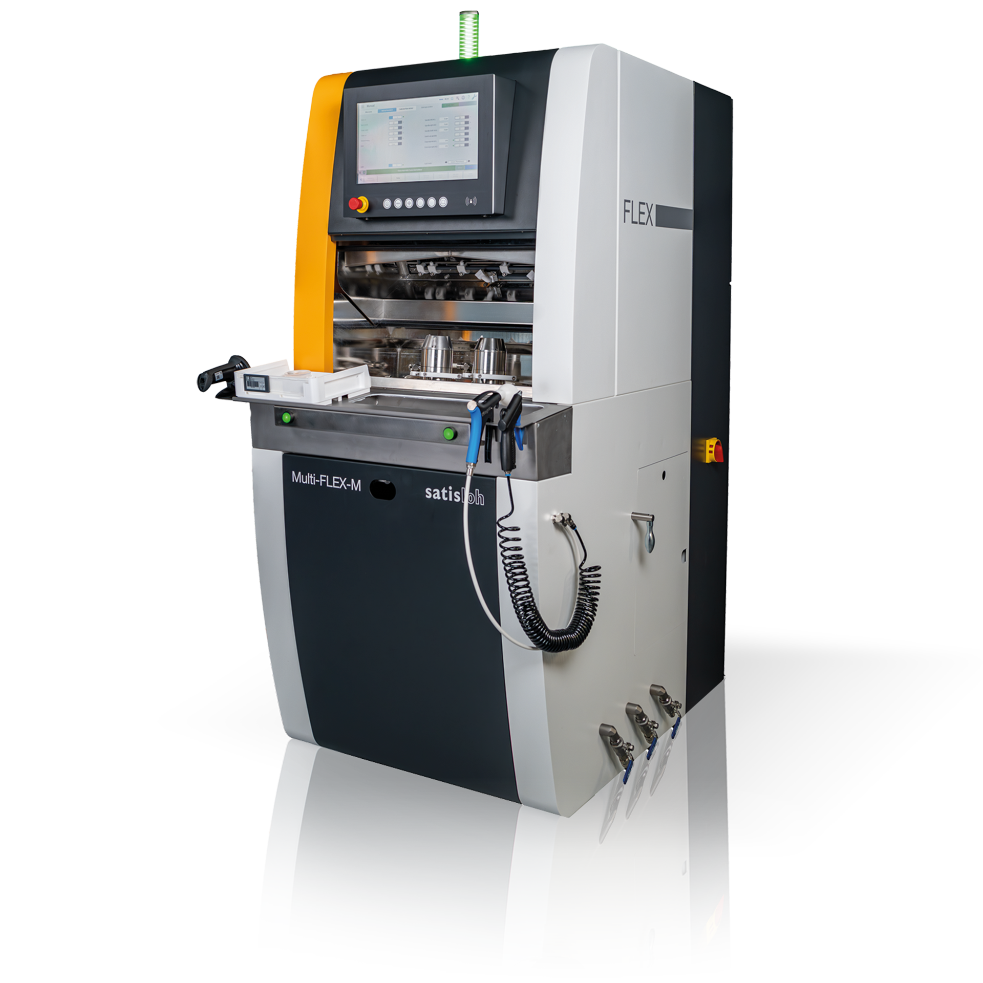 Automated industrial machine with integrated monitor and tool system for precision lens processing.