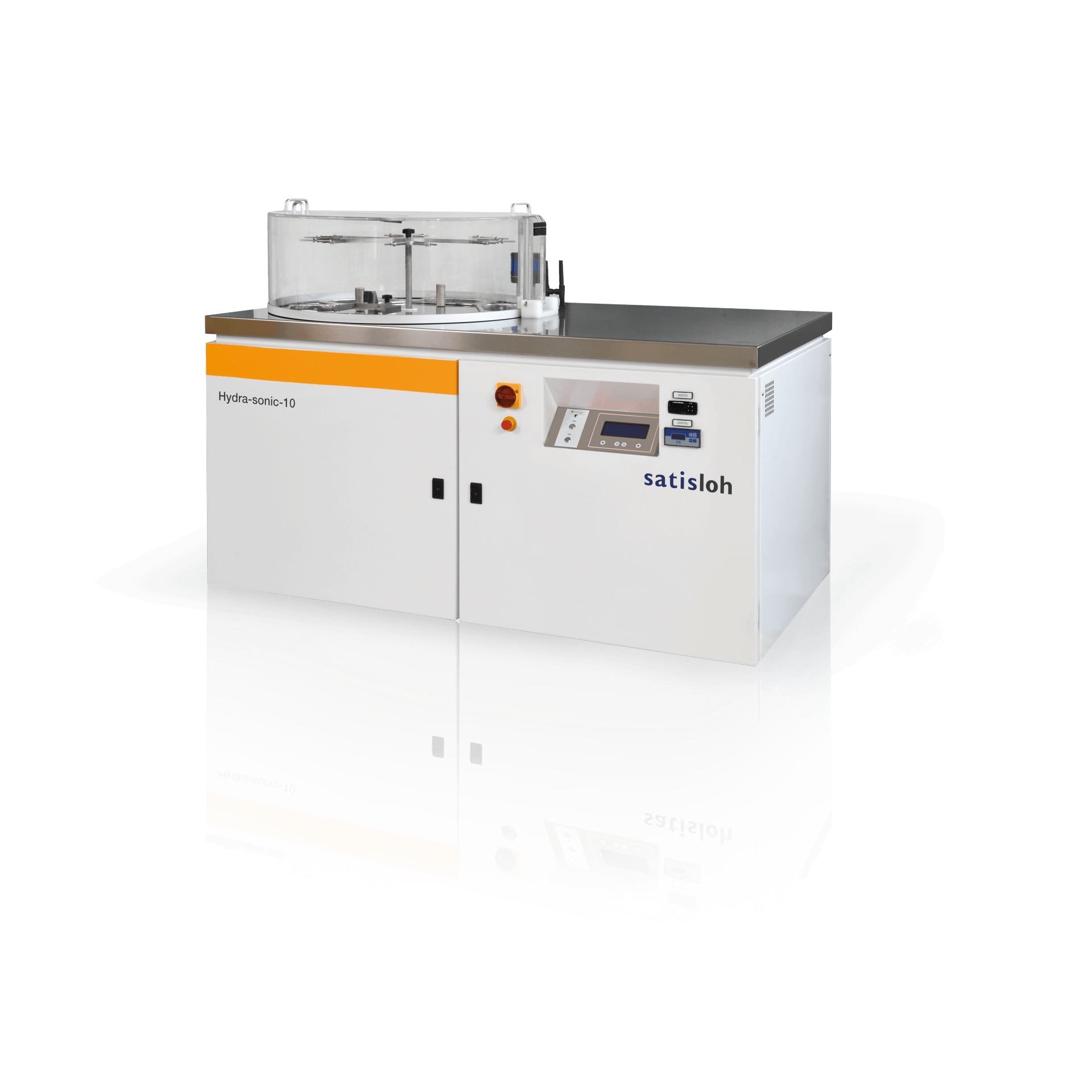 Horizontal industrial processing machine with control panel and integrated compartments for semiconductor manufacturing.