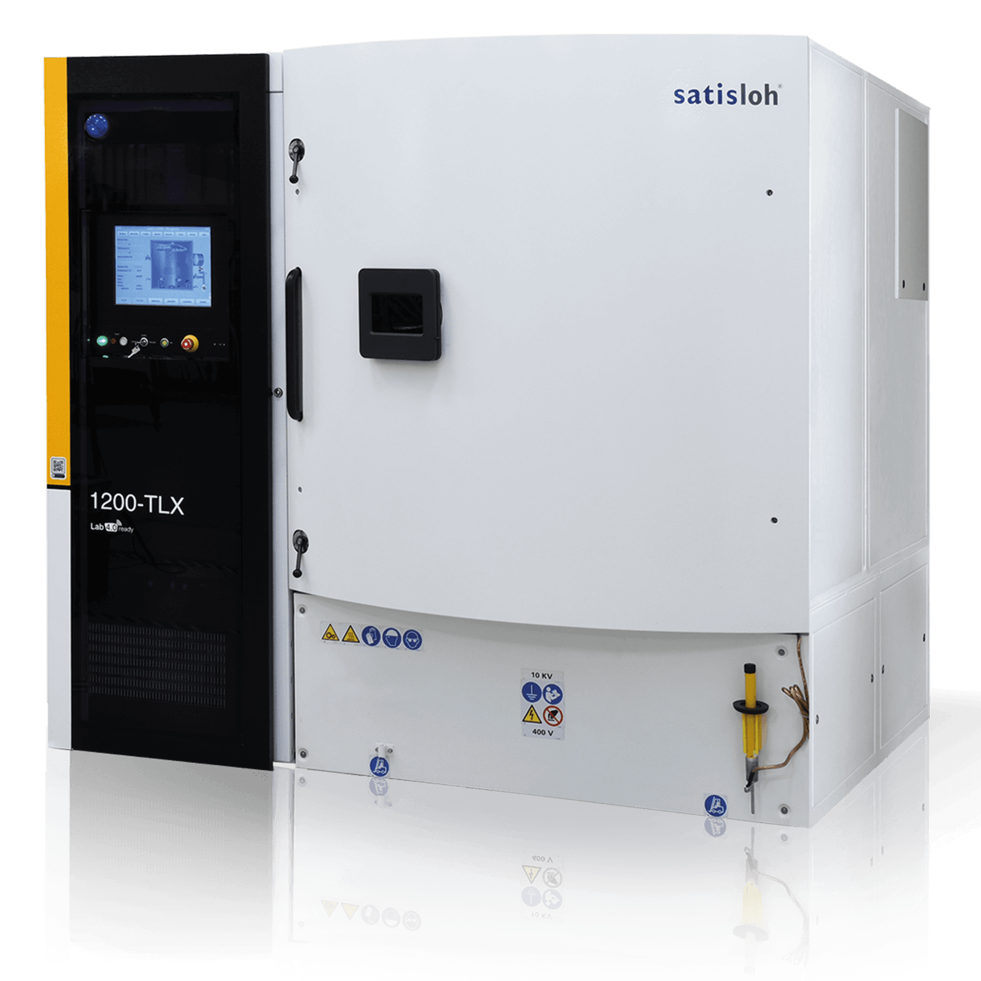 Industrial semiconductor processing chamber with side control panel and integrated display screen.