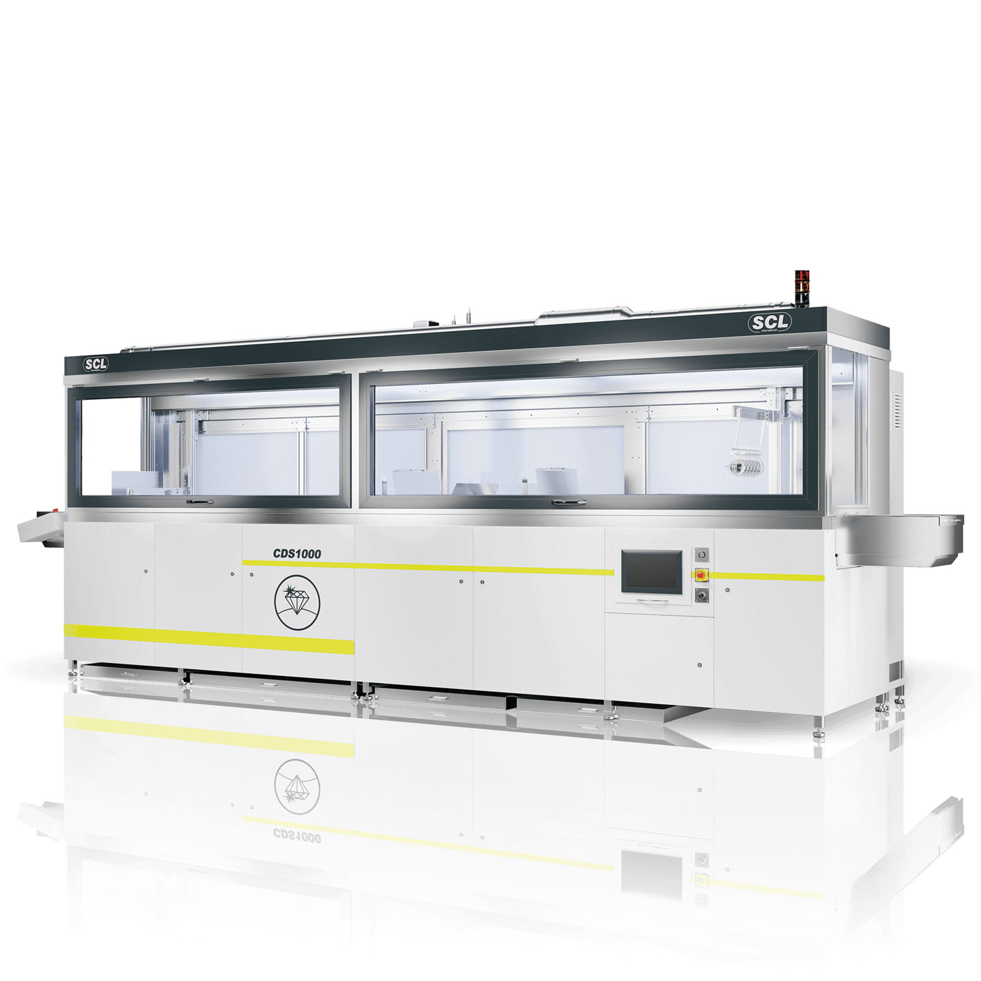 Automated industrial cleaning machine with multiple compartments and control panel, used in optical lens production.