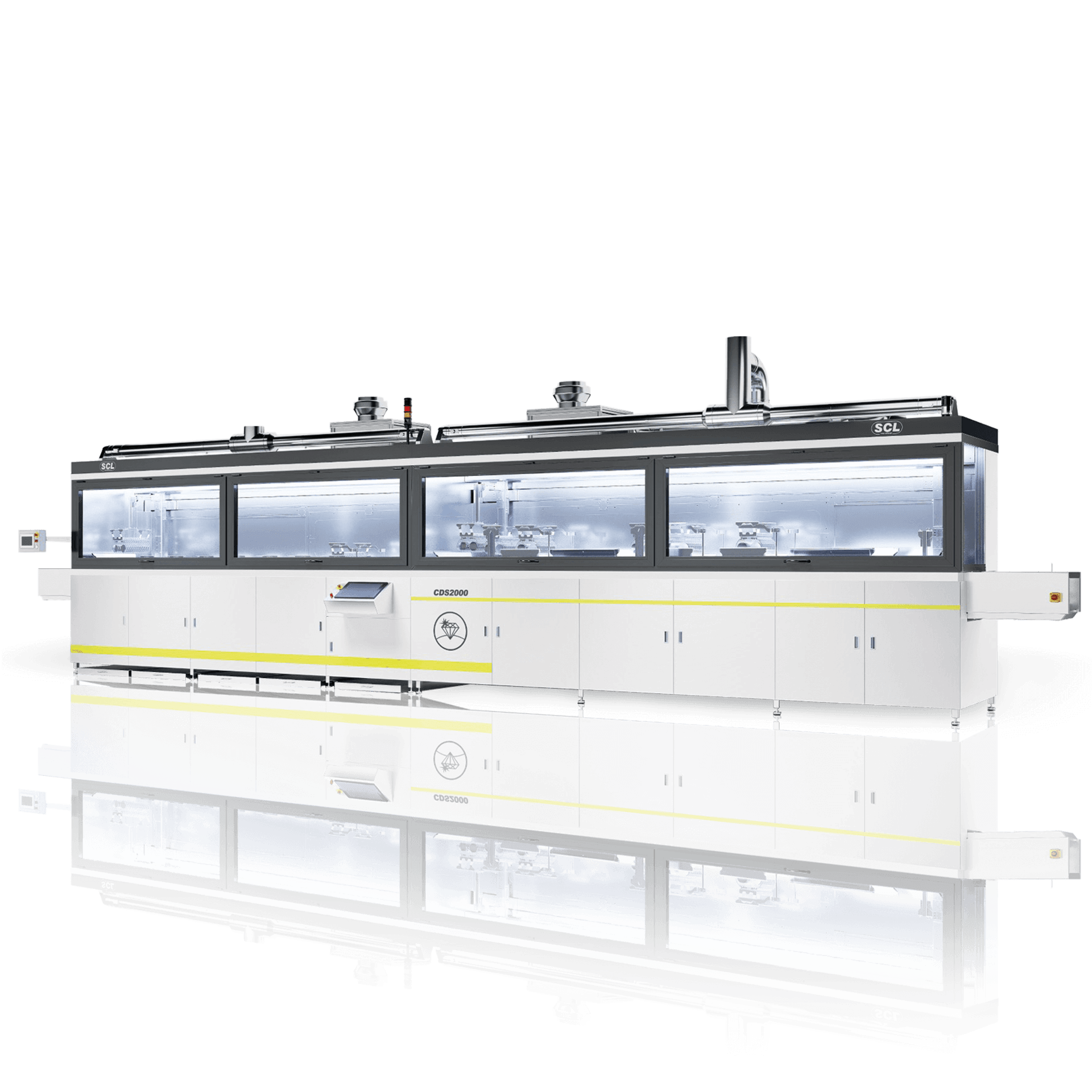 Large multi-compartment industrial cleaning system with control panels, used for optical lens processing.