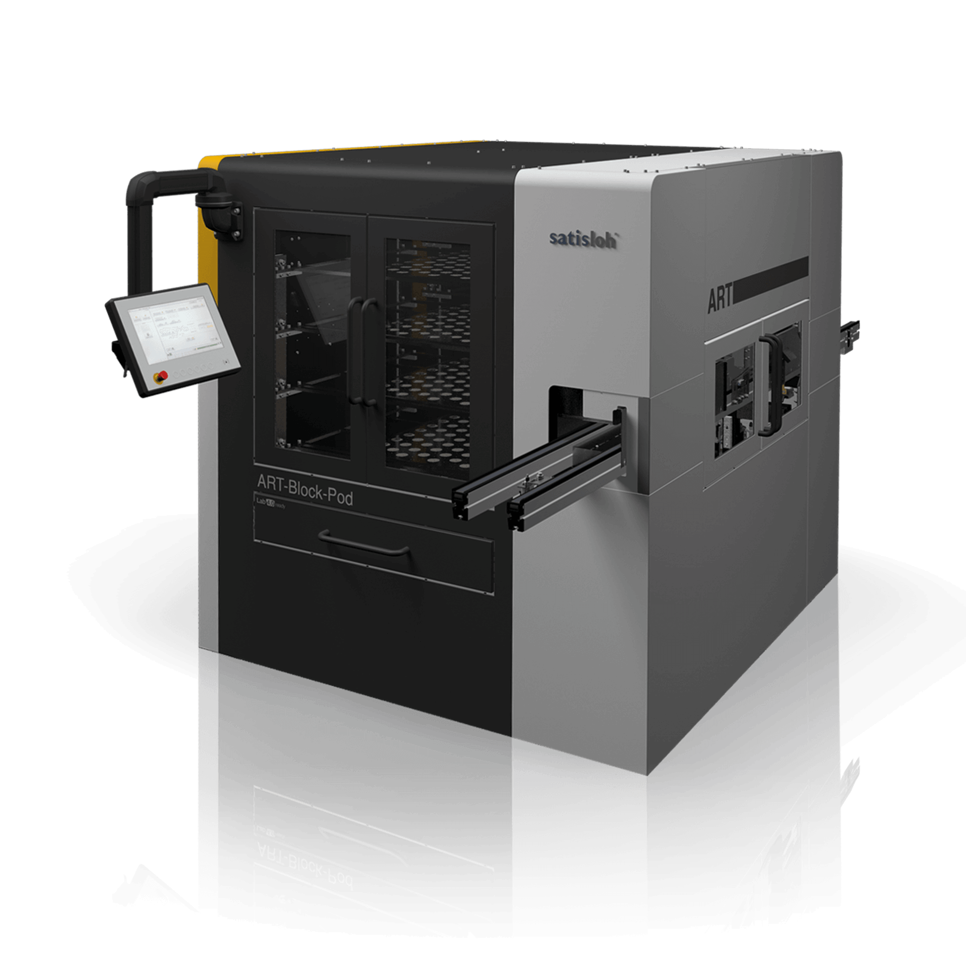 Automated laboratory machine with enclosed housing, control panel, and sample input/output system.