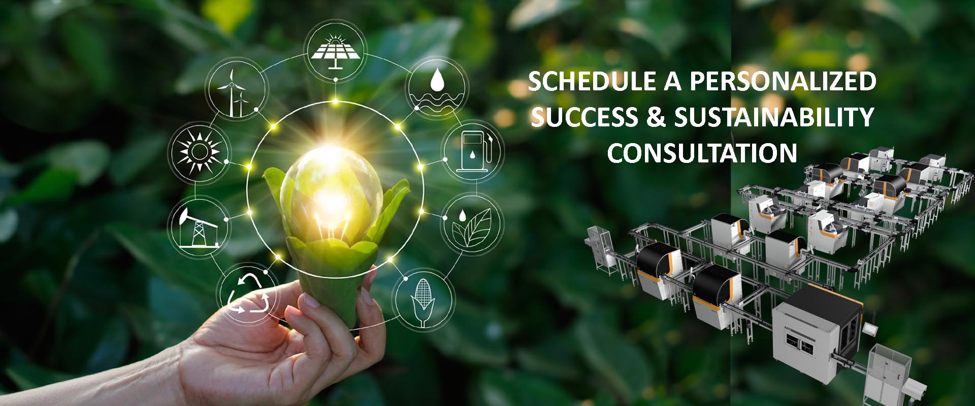 Hand holding a glowing green energy symbol with digital technology icons and circuit elements in the background