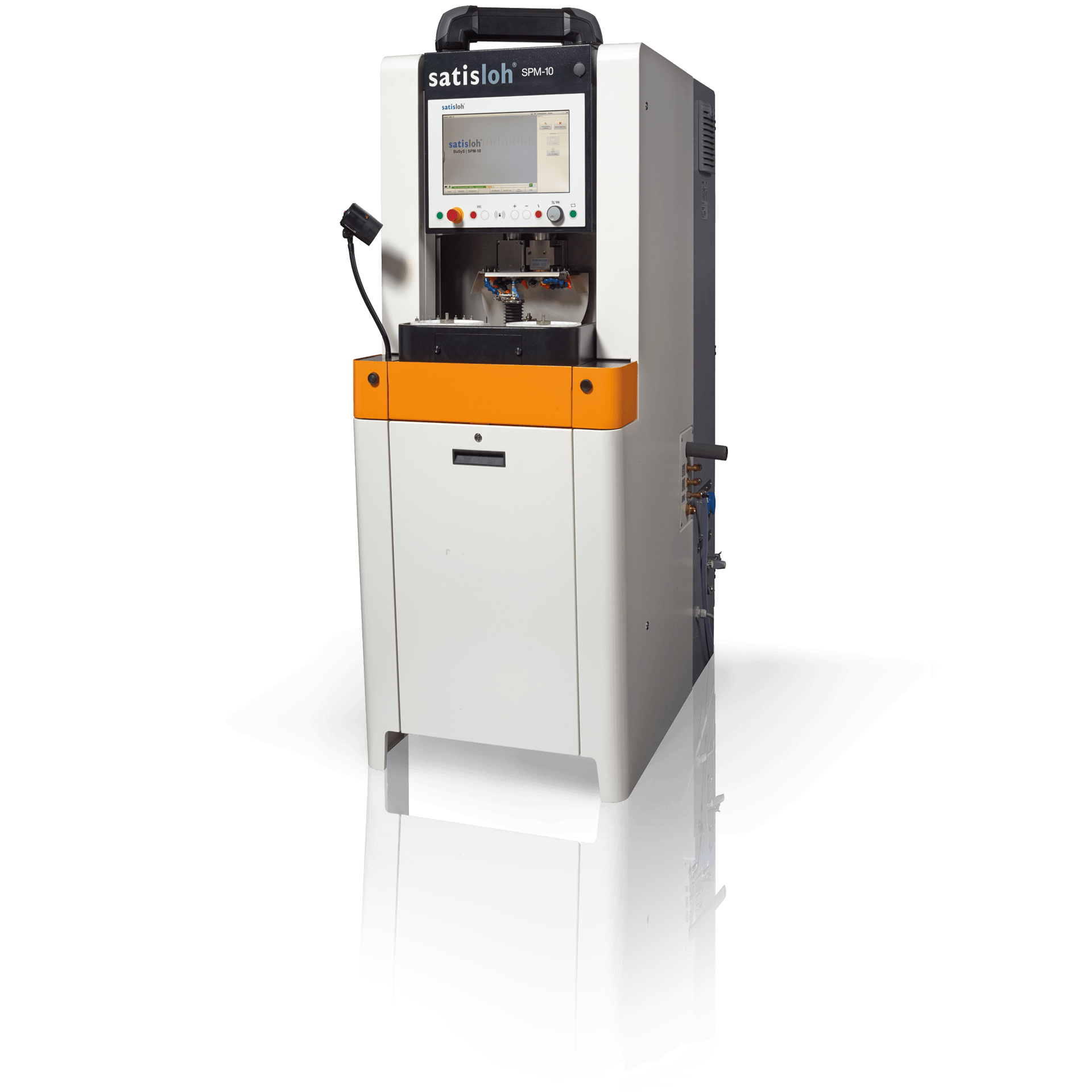 Frontal view of Satisloh SPM-10 grinding machine for micro optics used in precision optics manufacturing.
