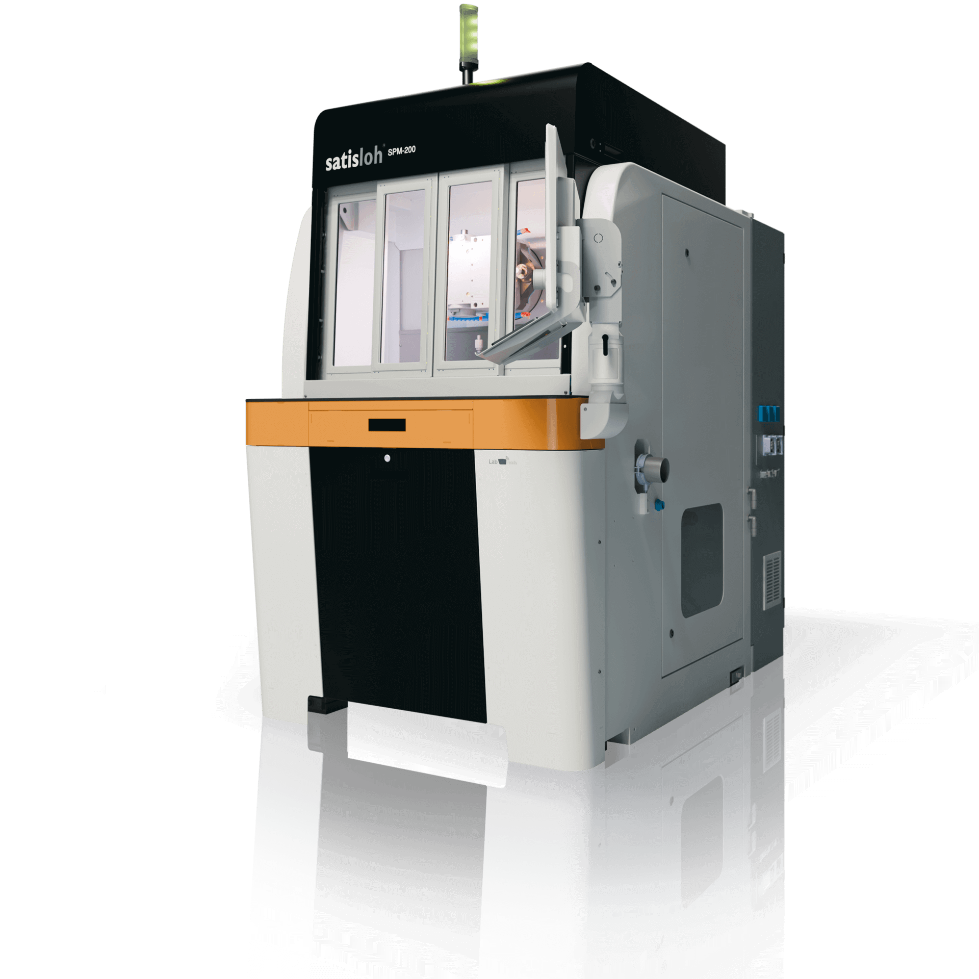 Frontal view of Satisloh SPM-200 grinding machine used in precision optics manufacturing.