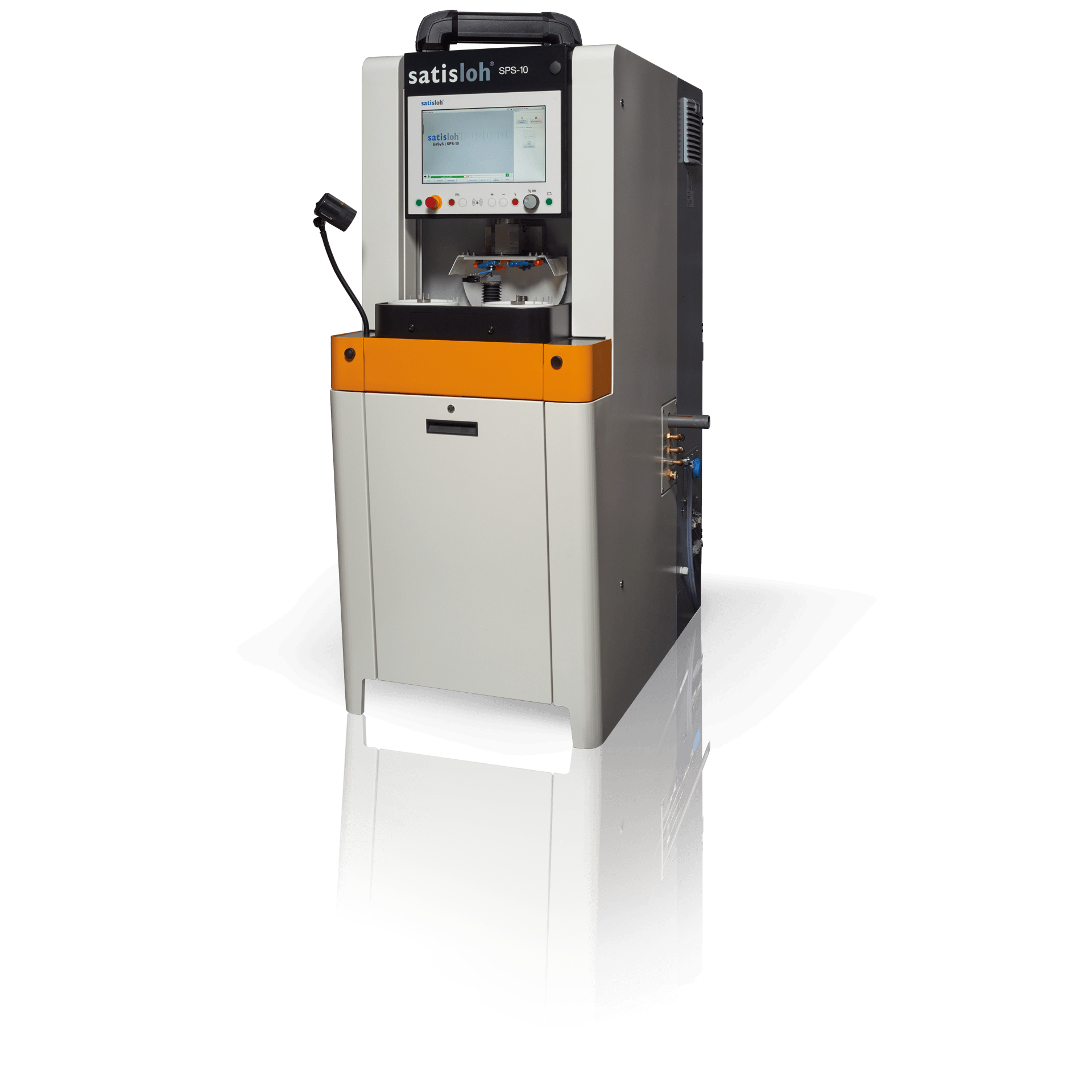 Compact industrial laboratory machine with touchscreen control and enclosed testing area.