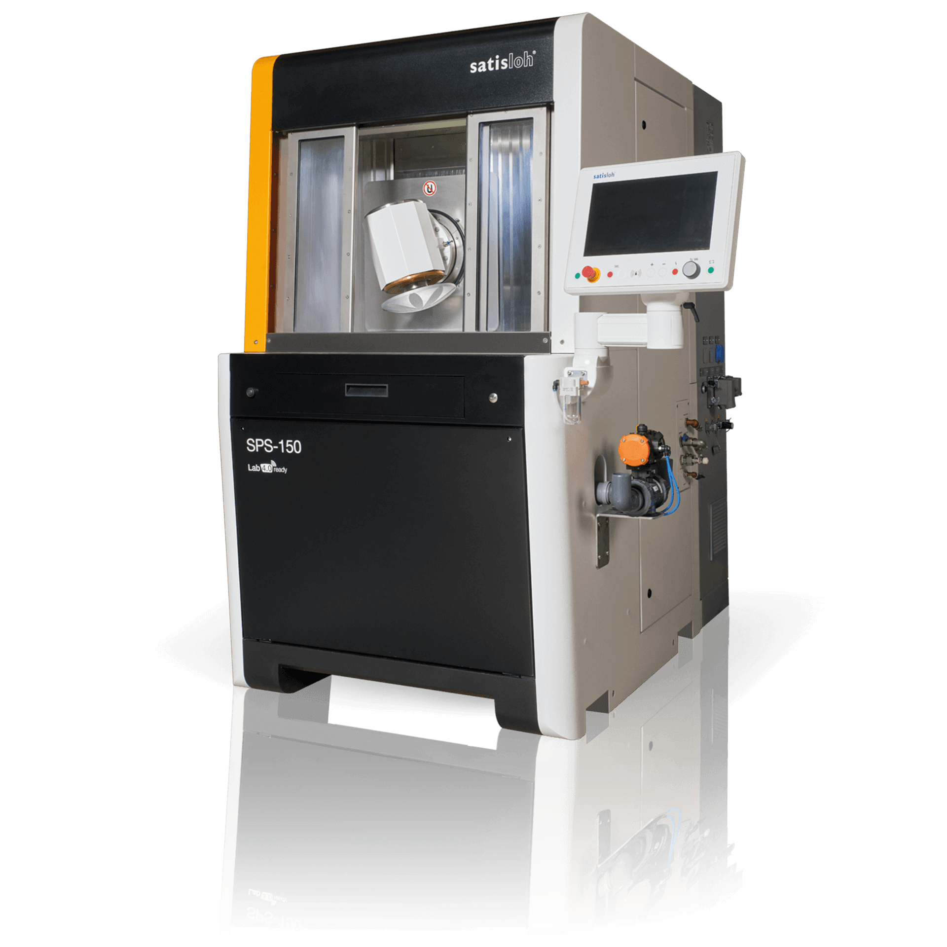 Industrial testing machine with enclosed chamber and touchscreen control interface.