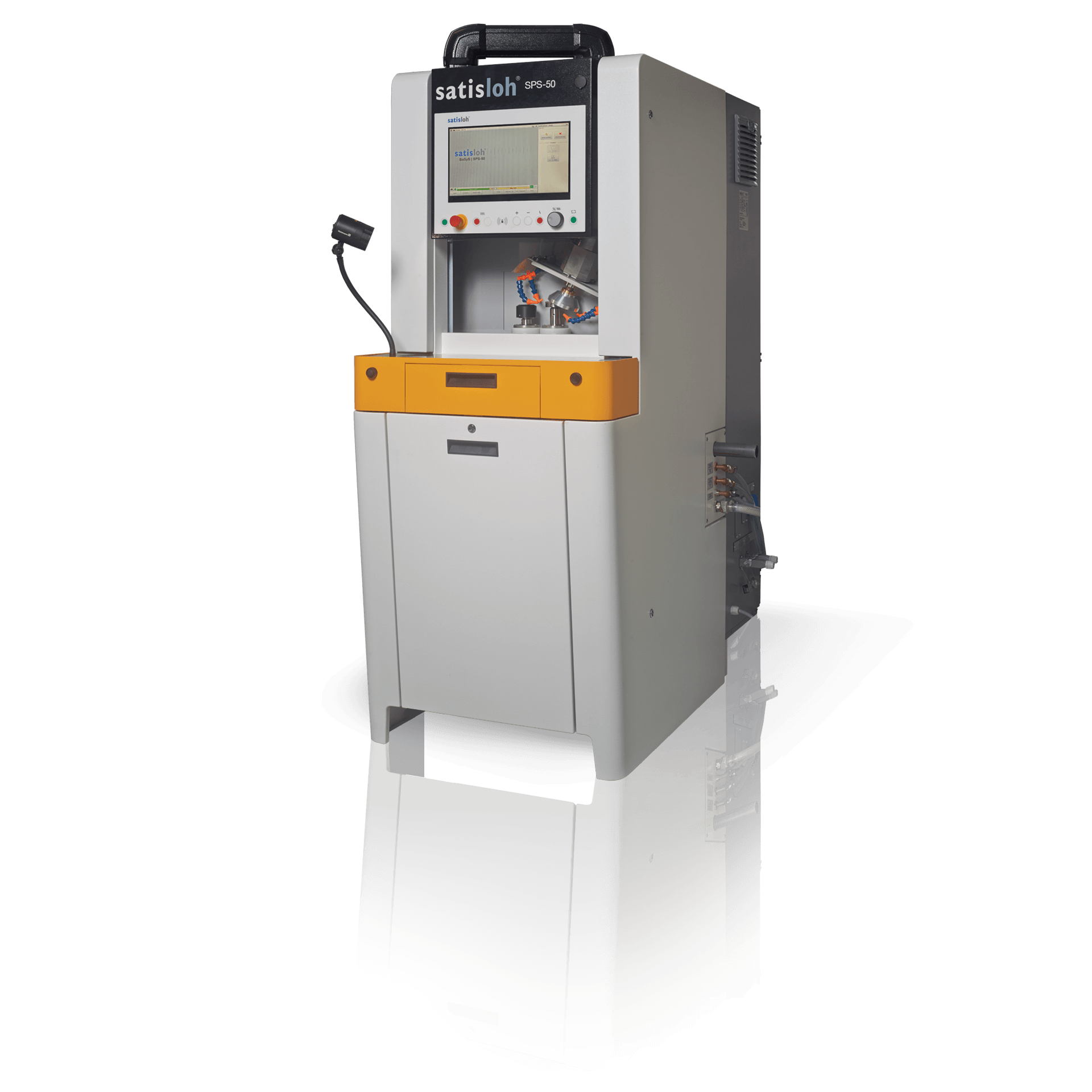 Compact industrial testing machine with display screen and enclosed test area