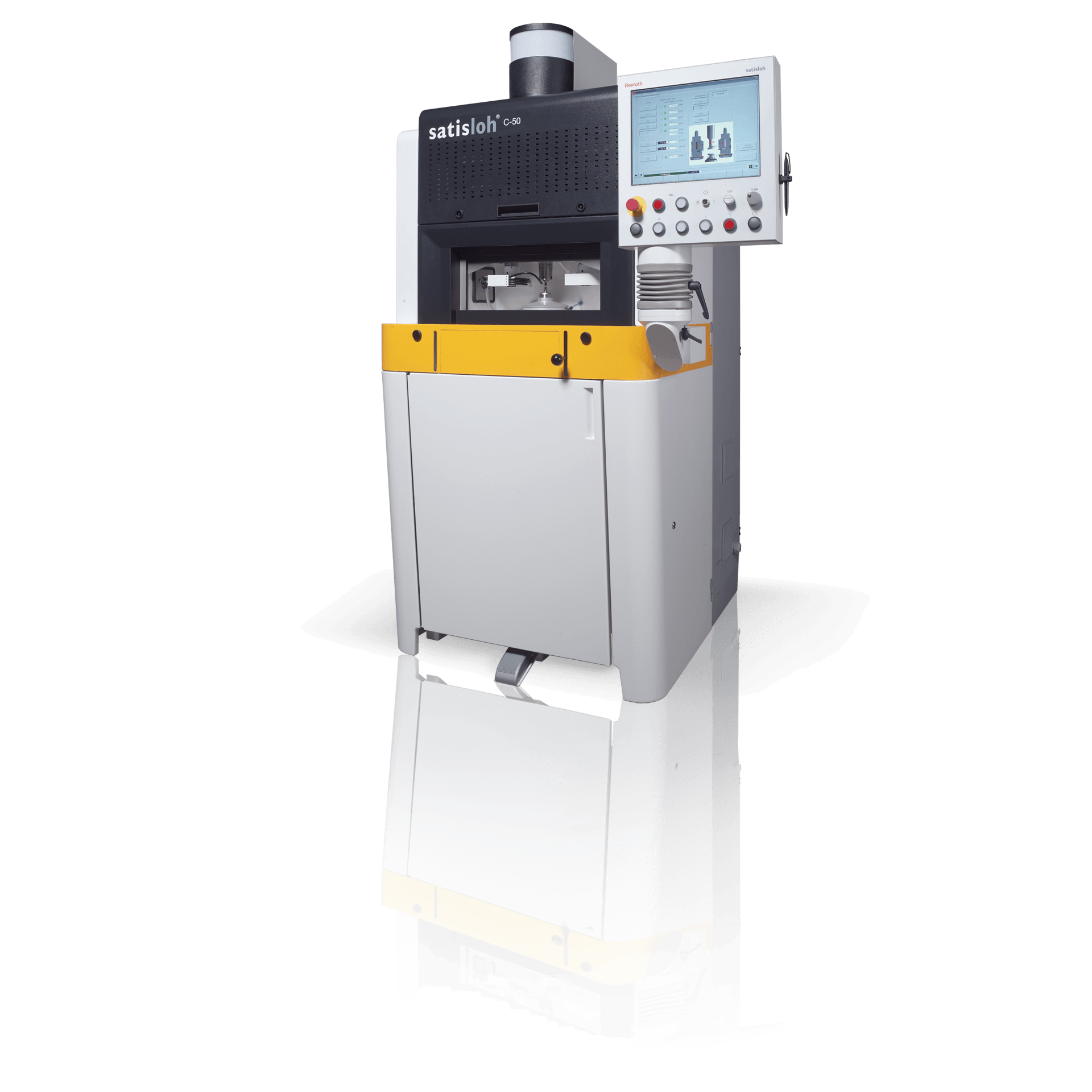 Industrial testing machine with enclosed chamber and large touchscreen control panel