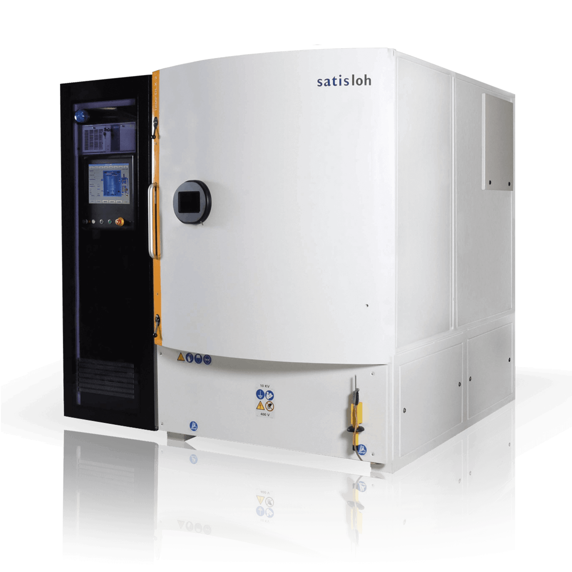 Industrial equipment cabinet with display screen and large closed white door