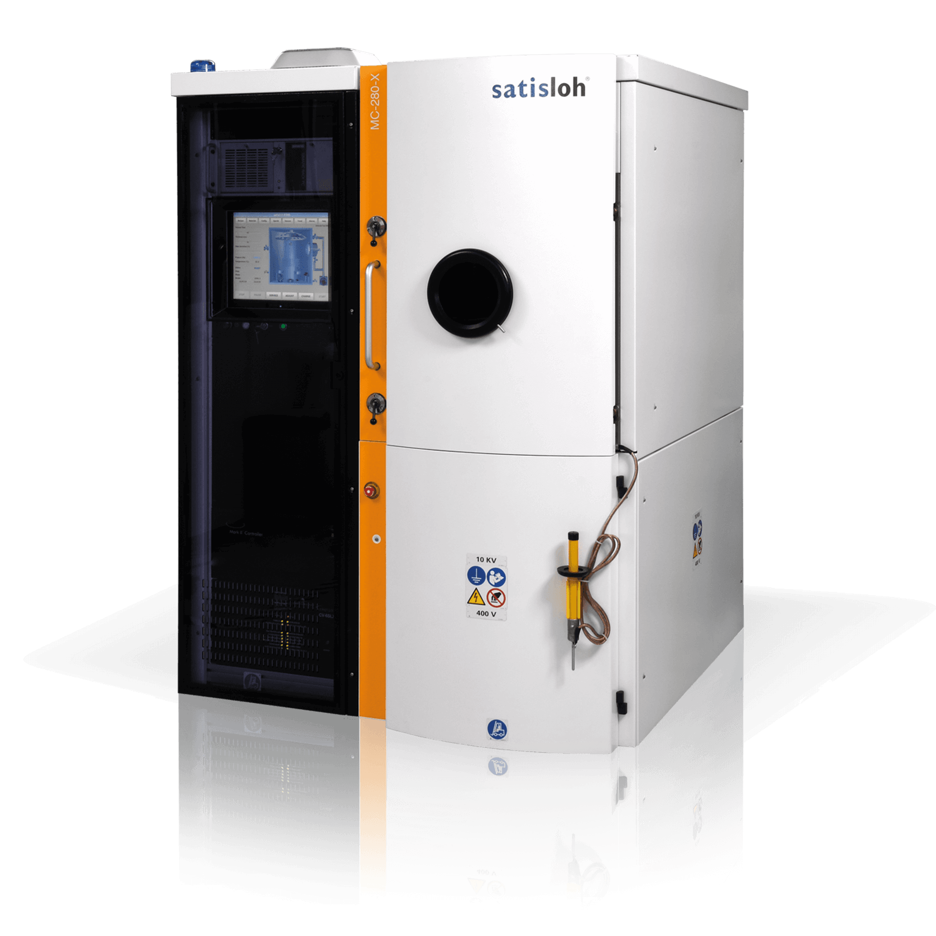 Industrial equipment cabinet with side display and closed white doors