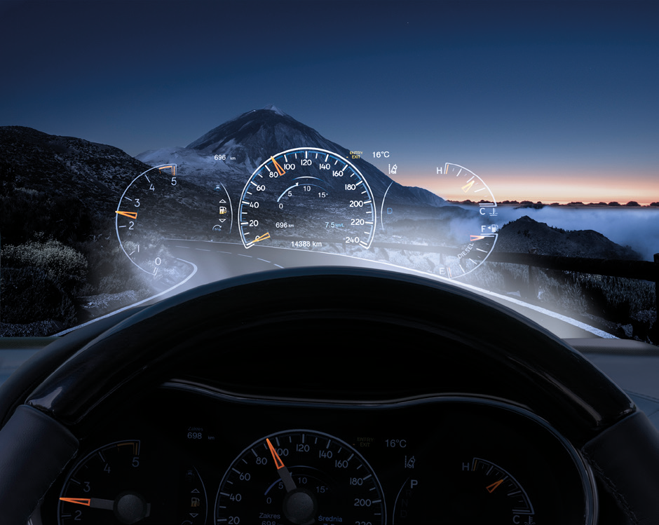 Application example for freeform surfaces: Headup display. Application example of freeform surface, Close-Up picture of Car display